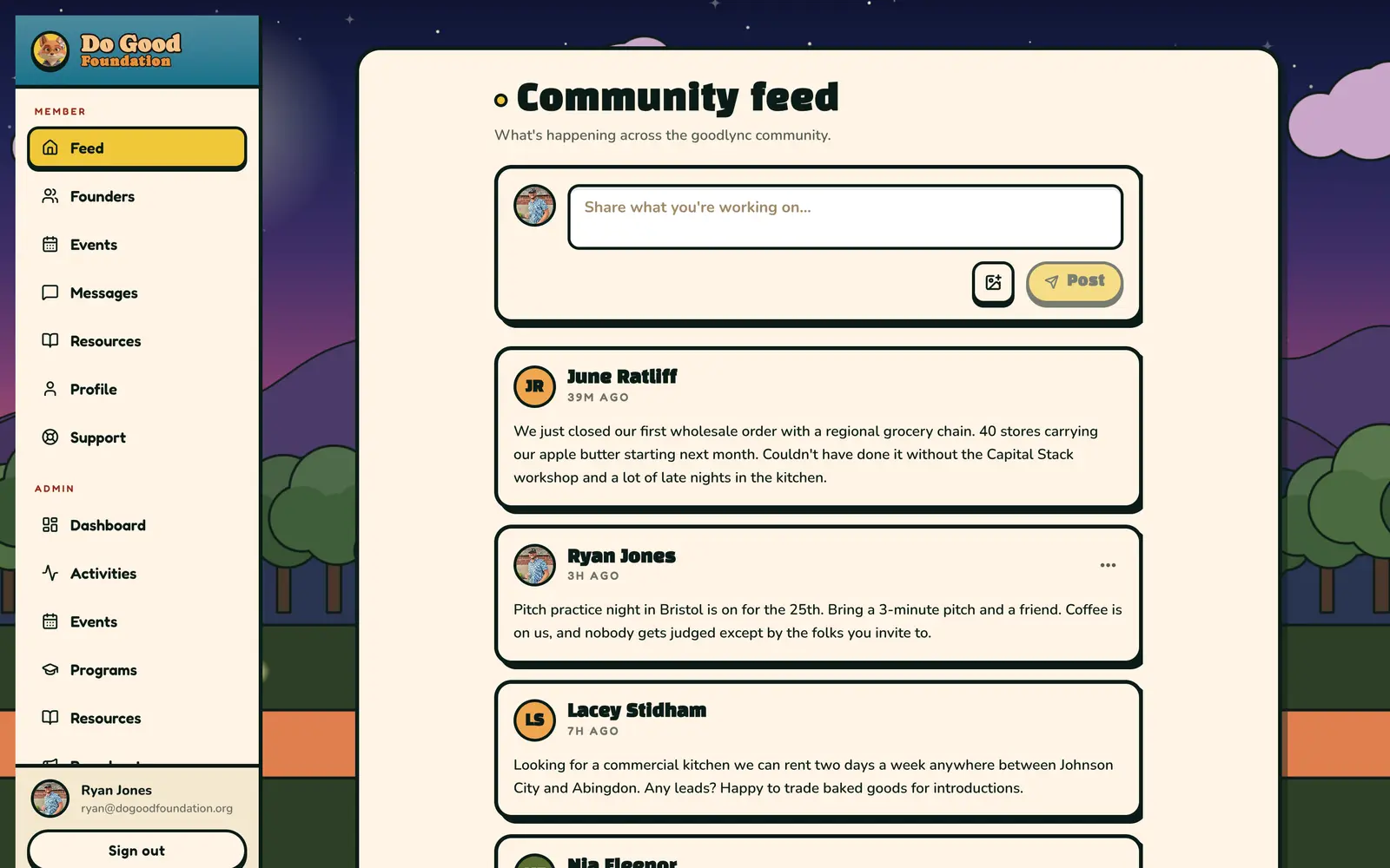 The community feed: wins, events and asks (sample data)