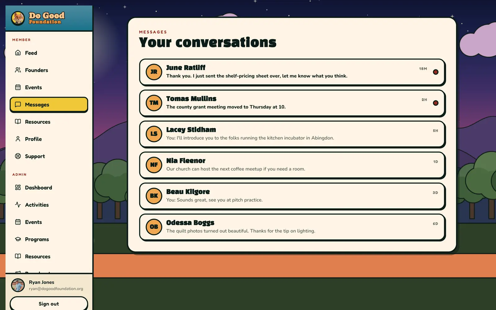 Direct messages between members (sample data)