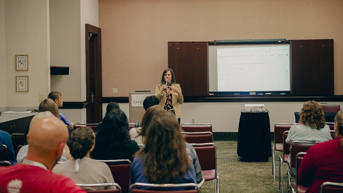 Eastern Mennonite Seminary session — speaker addressing attendees
